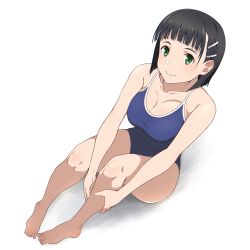  black_hair blunt_bangs breasts cleavage commentary cut_bangs female from_above full_body green_eyes hair_ornament hairclip kirigaya_suguha large_breasts looking_at_viewer puge school_swimsuit short_hair simple_background sitting smile solo swimsuit sword_art_online symbol-only_commentary 