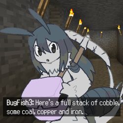  ambiguous_gender anthro arthropod detailed_background digital_media_(artwork) english_text holding_pickaxe insects looking_at_viewer low_res luxx microsoft minecraft mojang screencap screencap_background silverfish solo text torch xbox_game_studios 