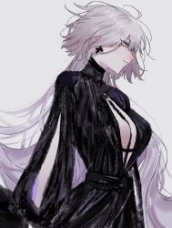  black_dress breasts center_opening cleavage closed_mouth clothing_cutout commentary_request dress earrings fate/grand_order fate_(series) female grey_hair jeanne_d&#039;arc_alter_(fate) jeanne_d&#039;arc_alter_(flames_of_applause)_(fate) jewelry large_breasts long_hair long_sleeves official_alternate_costume profile ringo_1046 simple_background smile solo very_long_hair white_background wide_sleeves yellow_eyes 