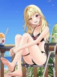  absurdres ahoge alternate_costume alternate_hairstyle barefoot beach bikini bird black_bikini black_choker blonde_hair blue_hair blue_sky blush bow breasts chair choker cleavage commentary day drinking_straw earrings female folding_chair food full_body hair_ornament hairclip heterochromia highres hoshikawa_sara jewelry knees_to_chest light_blue_hair long_hair looking_at_viewer medium_breasts mt_mozuku multicolored_hair nijisanji o-ring o-ring_bikini ocean open_mouth outdoors own_hands_together red_bow red_eyes shaved_ice sitting sky smile soles solo streaked_hair swimsuit table thigh_strap two-tone_hair virtual_youtuber wavy_hair x_hair_ornament yellow_eyes 