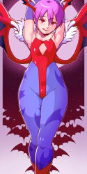  :q animal_print armpits arms_up bare_shoulders bat_print bat_wings blue_pantyhose covered_navel darkstalkers demon_girl diamond_cutout female flat_chest full_moon head_wings highres leotard lilith_(darkstalkers) looking_at_viewer moon pantyhose pink_hair print_pantyhose red_eyes red_leotard red_wings rico_(maikubakaa) short_hair smile solo tongue tongue_out wings 