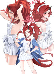  absurdres armpits black_horns blue_archive blush breasts dragon_tail female front_bow grin halo haori highres hip_vent horns isuka_(isuka_83) japanese_clothes long_hair makeup pleated_skirt ponytail presenting_armpit red_eyes red_hair red_halo red_sailor_collar red_tail renge_(blue_archive) sailor_collar sideboob sideless_leotard sideless_shirt single_horn skirt small_breasts smile tail white_skirt 