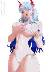  bikini bikini_pull breasts clothes_pull commission curled_horns earrings english_commentary female green_hair hair_ornament hand_on_own_chest highres hoop_earrings horns jewelry large_breasts legs_together long_hair looking_at_viewer multicolored_hair multicolored_horns navel one_piece oni opalis orange_horns patreon_logo patreon_username pulling_own_clothes red_horns side-tie_bikini_bottom solo stomach swimsuit web_address white_bikini white_hair yamato_(one_piece) yellow_horns 