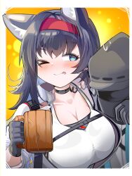  &gt;_o 1other ;p absurdres alcohol animal_ears arknights beer beer_mug black_choker black_gloves black_hair blaze_(arknights) blue_eyes blush breasts choker cleavage cup doctor_(arknights) drink drunk female gloves hairband hand_up highres holding holding_cup holding_drink jacket large_breasts long_hair looking_at_another mug one_eye_closed red_hairband scoop_neck shirt spam_(spamham4506) strap sweatdrop tongue tongue_out upper_body white_jacket white_shirt 