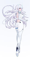  absurdres ass azur_lane bare_back bodysuit breasts closed_mouth fargo_(azur_lane) female from_behind full_body green_eyes high_heels highres impossible_bodysuit impossible_clothes large_breasts light_blush long_hair looking_at_viewer looking_back sideboob simple_background skindentation solo thigh_strap very_long_hair white_background white_bodysuit white_hair xin_sanmu 