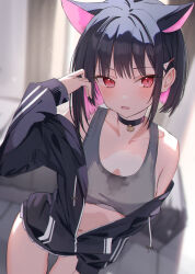  animal_ears black_choker black_hair black_hoodie black_jacket blue_archive blunt_ends blurry blurry_background blush breasts cat_choker cat_ears choker collarbone colored_inner_hair commentary extra_ears female hair_behind_ear hair_ornament hairclip hanamaru_tsubaki hand_up highres hood hoodie jacket kazusa_(blue_archive) large_breasts long_sleeves looking_at_viewer medium_hair multicolored_hair navel no_pants oerba_yun_fang open_mouth pink_eyes pink_hair red_eyes short_hair skin_fang sleeves_past_wrists solo sports_bra stained_clothes stomach sweat_stain thighs two-tone_hair white_sports_bra 