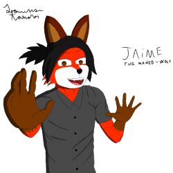  anthro brazilian_artists canid canine hi_res jaime_manedwolf jamisson_tavares looking_back male mammal maned_wolf open_mouth pose presenting smile solo standing 