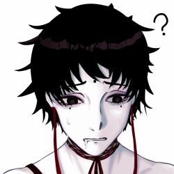  1boy ? black_eyes black_hair cannedsaltedstarfruit chinese_commentary choker colored_skin commentary_request drooling_blood earrings facial_mark forehead_mark highres jewelry male_focus mole mole_under_each_eye mole_under_eye multiple_moles portrait red_ribbon ribbon ribbon_choker short_hair shou_qianhui simple_background solo touqi_guaitan white_background white_skin 