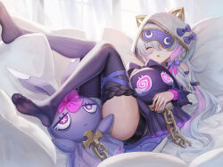  animal_hood bare_shoulders bow braid closed_eyes commentary_request curtains drooling female hair_between_eyes hairbow highres honkai_(series) honkai_impact_3rd hood indoors legs_up long_hair lying maoh_yueer meme no_shoes official_alternate_costume on_back open_mouth purple_bow purple_thighhighs saliva sleep_mask sleeping soles solo stuffed_toy teri_derp_(meme) theresa_apocalypse thighhighs thighs toes very_long_hair white_hair white_hood white_sleeves window 