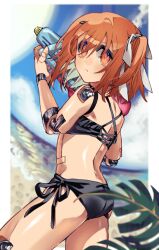  a.i._voice adachi_rei alternate_costume android bikini black_bikini closed_mouth commentary cowboy_shot day female from_behind hand_up highres holding holding_water_gun joints looking_at_viewer looking_back medium_hair orange_eyes orange_hair outdoors outside_border palm_leaf robot_joints side-tie_bikini_bottom solo standing summer swimsuit tere_douga utau water_gun 