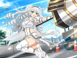  ahoge armor armpits attack belt blue_sky blush boots bracer breastplate breasts building cape capelet city cityscape cloud construction_site couter day dodecagram drill_hair faulds female flower garter_straps gauntlets ginrei_(senran_kagura) gloves gorget greaves green_eyes grey_hair hair_flower hair_ornament hairband high_heel_boots high_heels holding holding_polearm holding_weapon kiritsusei_juuji_academy_uniform lamppost lance large_breasts light_particles long_hair motion_lines motor_vehicle official_art open_mouth outdoors pauldrons plant polearm rerebrace road rondel sabaton senran_kagura senran_kagura_new_link senran_kagura_new_wave shoulder_armor skirt sky solo standing standing_on_one_leg street sunlight tailcoat thighhighs traffic_cone tree vambraces weapon white_armor white_capelet white_garter_straps white_skirt yaegashi_nan zodiac_wheel 