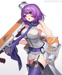  adapted_turret belt blush breasts collar copyright_name cowboy_shot dress female flight_deck garter_straps hair_between_eyes hand_in_own_hair highres kantai_collection large_breasts lexington_(kancolle) long_necktie machinery medium_hair metal_collar neckerchief necktie purple_belt purple_eyes purple_hair purple_necktie purple_thighhighs rigging sailor_collar sailor_dress saratoga_(kancolle) simple_background sleeveless sleeveless_dress smile smokestack solo standing thighhighs turret twitter_username unidentified_nk white_background white_dress 