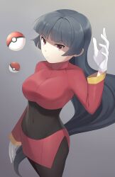  absurdres arm_at_side blue_hair blunt_bangs bodystocking bodysuit bodysuit_under_clothes breasts cropped_jacket dark_blue_hair female gloves gummy_(puffaluficus) hand_up highres hime_cut jacket large_breasts long_hair long_sleeves pencil_skirt poke_ball poke_ball_(basic) pokemon pokemon_frlg red_eyes red_jacket red_skirt sabrina_(pokemon) side_slit skirt solo telekinesis turtleneck turtleneck_jacket white_gloves 