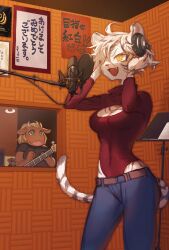  1boy 2girls ahoge arms_up blonde_hair blue_pants breasts cleavage_cutout clothing_cutout covered_navel cow_girl furry furry_female guitar hair_over_one_eye headphones highres instrument juerucj leotard leotard_under_clothes long_sleeves microphone mouse_boy multiple_girls music music_stand navel oerba_yun_fang open_mouth original pants pop_filter red_leotard short_hair singing slit_pupils studio_microphone tail tiger_girl tiger_tail white_fur 