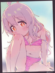  ahoge arm_support armpit_crease bare_arms bare_legs bare_shoulders bikini blush closed_mouth collarbone commentary_request female flat_chest grey_hair hair_between_eyes hashtag-only_commentary head_tilt highres knee_to_face knee_up long_hair matado_(almukha) multicolored_hair navel onii-chan_wa_oshimai! orange_eyes oyama_mahiro pink_bikini pink_hair ribs sitting solo strap_slip streaked_hair sweatdrop swimsuit twitter_username viewfinder wet wet_hair 