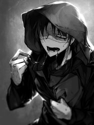  1boy bags_under_eyes blurry blurry_foreground dirty eyepatch greyscale hand_on_own_chest highres holding_tooth hood hood_up juerucj long_sleeves male_focus medical_eyepatch missing_tooth monochrome no_nose original saliva saliva_trail short_hair solo sweat upper_body 