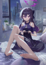  absurdres bare_legs bare_shoulders barefoot bed blue_archive blush breasts closed_mouth dress female hair_between_eyes halo haruka_(blue_archive) haruka_(dress)_(blue_archive) highres indoors jewelry laomotou legs long_hair looking_at_viewer official_alternate_costume on_bed pillow plant potted_plant purple_dress purple_eyes purple_hair purple_halo sitting sleeveless sleeveless_dress solo toes 