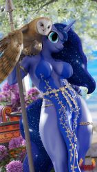  3d_(artwork) absurd_res anthro anthrofied athena_(deity) avian bird blue_body blue_eyes blue_hair breasts cleavage clothed clothing digital_media_(artwork) dress equid equine european_mythology flower friendship_is_magic greek_mythology hair hand_on_hip hasbro hi_res horn jewelry loveslove mammal melee_weapon my_little_pony mythological_creature mythological_equine mythology owl plant polearm princess_luna_(mlp) sparkles spear unicorn weapon 