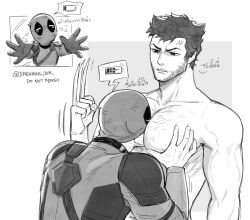  2boys anger_vein bara between_pectorals bodysuit chest_hair claw_(weapon) deadpool deadpool_&amp;_wolverine dreaming_oor head_between_pecs highres hug large_pectorals looking_at_another male_focus multiple_boys muscular muscular_male pectoral_grab pectorals short_hair topless_male translation_request twitter_username two-tone_bodysuit weapon wolverine_(x-men) yaoi 