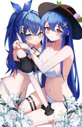  2girls absurdres arms_around_neck bikini black_bikini black_sleeves blue_bow blue_hair blush bow breasts cleavage closed_mouth commentary_request crossed_bangs detached_sleeves feet_out_of_frame flower frilled_bikini frills frown hair_between_eyes hairbow hat hat_ornament high_ponytail highres hinanawi_tenshi kaminose_(user_veum4325) kanji_hair_ornament leaf_hat_ornament long_bangs long_hair looking_at_viewer medium_breasts multiple_girls navel peach_hat_ornament puffy_detached_sleeves puffy_sleeves raised_eyebrows red_eyes seiza simple_background sitting swimsuit thigh_strap touhou very_long_hair white_background white_bikini white_flower wrist_cuffs yorigami_shion 