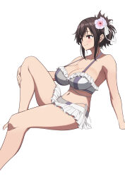  arm_rest bare_arms bare_legs bare_shoulders bikini bikini_skirt black_hair blush breasts brown_hair cleavage closed_mouth collarbone commentary_request feet_out_of_frame female final_fantasy final_fantasy_vii final_fantasy_vii_rebirth final_fantasy_vii_remake flower frilled_bikini frills hair_flower hair_ornament halterneck hand_on_own_leg highleg highleg_bikini highres invisible_chair knee_up kojirou! large_breasts long_hair miniskirt navel official_alternate_costume official_alternate_hairstyle red_eyes side-tie_bikini_bottom sidelocks sitting skirt smile solo stomach swimsuit tifa_lockhart tifa_lockhart_(shining_spirit) white_background white_bikini 