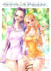  2girls arm_tattoo artist_collaboration black_hair blue_eyes bracelet cardigan dress earrings english_commentary eyewear_on_head green_nails hairband holding_hands jewelry long_hair looking_at_viewer multiple_girls nami_(one_piece) nico_robin ok_sign one_piece one_piece:_stampede orange_eyes orange_hair orange_overalls overalls pearl_earrings purple_cardigan purple_nails short_dress sj0302 smile tattoo thigh_strap twitter_username yggpippi 