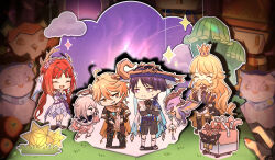  2boys 4girls :d absurdres aether_(genshin_impact) ahoge animal_ears armor black_dress black_eyes black_pants black_shirt black_shorts black_sleeves black_thighhighs blonde_hair blue_dress blue_eyes box cardboard_box cat_ears cat_tail chibi closed_eyes commentary cropped_shirt crown detached_sleeves double_bun dress drill_hair earrings english_commentary facial_hair floating flower full_body genshin_impact grass hair_between_eyes hair_bun hair_flower hair_ornament halo hands_on_own_hips hands_up hat head_tilt highres japanese_armor jewelry jingasa kirara_(cat)_(genshin_impact) kirara_(genshin_impact) komaniya_express_(genshin_impact) kuro_tsubasa light_frown long_hair looking_at_another mini_crown mini_durin_(genshin_impact) moustache multiple_boys multiple_girls multiple_tails navia_(genshin_impact) nilou_(breeze_of_sabaa)_(genshin_impact) nilou_(genshin_impact) official_alternate_costume paimon_(genshin_impact) pants parted_bangs purple_flower red_hair scaramouche_(genshin_impact) scarf ship&#039;s_wheel_ornament shirt shorts sleeveless sleeveless_dress smile standing star_(symbol) tail thighhighs two_tails very_long_hair wanderer_(genshin_impact) white_romper white_scarf yellow_eyes 