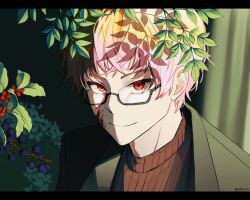  1boy absurdres atou_haruki black_jacket blonde_hair brown_sweater closed_mouth commentary glasses gradient_hair highres jacket korean_commentary male_focus multicolored_hair open_clothes open_jacket pink_hair plant rectangular_eyewear red_eyes ribbed_sweater saibou_shinkyoku semi-rimless_eyewear short_hair smile solo spoilers sweater tuto_r02 twitter_username two-tone_hair 