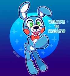  2016 3_fingers 3_toes animatronic anthro artist_name black_nose blue_background blue_body blue_ears blue_fur blue_tail bow_tie buckteeth cheek_spots chotpot colored dated digital_drawing_(artwork) digital_media_(artwork) english_text eyelashes feet fingers five_nights_at_freddy&#039;s five_nights_at_freddy&#039;s_2 floppy_ears fur gradient_background green_eyes hands_together heart_eyes heart_symbol lagomorph leporid long_ears machine male mammal multicolored_body multicolored_fur open_mouth open_smile pink_tongue rabbit red_bow_tie robot scottgames scut_tail shaded short_tail simple_background simple_shading smile solo sparkles standing tail teeth text toes tongue toy_bonnie_(fnaf) welcoming whisker_spots white_body white_fur white_inner_ear 