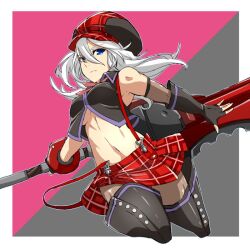  alisa_ilinichina_amiella bare_shoulders black_footwear black_gloves black_shirt blue_eyes boots border breasts cabbie_hat commentary_request crop_top elbow_gloves female fingerless_gloves full_body gloves god_eater god_eater_burst grey_background hair_between_eyes hat huge_weapon jumping kzentities long_hair looking_at_viewer medium_breasts navel outside_border pantyhose pink_background plaid_clothes plaid_skirt shirt skirt sleeveless sleeveless_shirt solo stomach suspender_skirt suspenders suspenders_slip sword thigh_boots thighhighs two-tone_background weapon white_border white_hair 