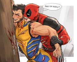  2boys ass bara black_bodysuit black_hair blood blood_on_clothes blood_on_face blue_bodysuit blush bodysuit claw_(weapon) deadpool deadpool_&amp;_wolverine dreaming_oor english_text facial_hair highres large_pectorals male_focus multiple_boys muscular muscular_male open_mouth pectorals red_bodysuit short_hair smile torn_bodysuit torn_clothes twitter_username two-tone_bodysuit weapon wolverine_(x-men) yaoi yellow_bodysuit 