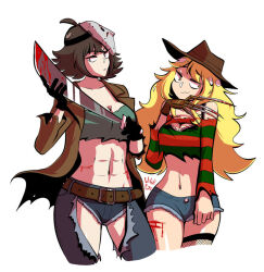  bare_shoulders belt bishoujo_terror blonde_hair blood bra bra_strap bra_straps bra_visible_through_clothes brown_hair cleavage cleavage_cutout crop_top cuts fishnet_legwear fishnet_stockings fishnet_thighhighs fishnets freddy_krueger hat jacket jason_voorhees jean_shorts jeans long_hair machete mask midriff shorts shoulders smirk stockings thigh_highs thighhighs thighs 