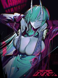  artist_logo breasts cleavage dutch_angle female fingernails framed_breasts fur_trim green_eyes green_hair green_nails grin highres horns japanese_clothes juerucj large_breasts long_hair long_sleeves multicolored_hair original round_eyewear sharp_fingernails shirt_grab smile solo streaked_hair very_long_fingernails 