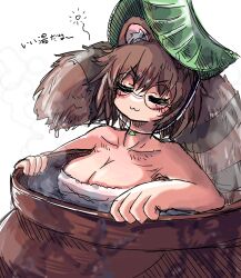  :3 animal_ears bathing blush breasts brown_hair closed_eyes covering_privates eye20806972 female futatsuiwa_mamizou glasses hat highres large_breasts naked_towel nude nude_cover partially_submerged raccoon_ears raccoon_girl raccoon_tail round_eyewear short_hair steam tail tanuki touhou towel water white_towel 