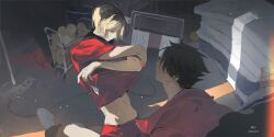  2boys black_hair blonde_hair brown_hair dark haikyuu!! highres kneeling kozume_kenma kuroo_tetsurou looking_down male_focus midriff_peek multicolored_hair multiple_boys navel qingyun red_shirt red_shorts shirt short_hair short_sleeves shorts sitting stomach undressing yaoi yellow_eyes 