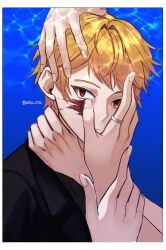  1boy absurdres atou_haruki black_jacket blonde_hair border brown_sweater closed_mouth commentary_request hand_on_another&#039;s_face hand_on_another&#039;s_head hand_on_another&#039;s_neck highres jacket jewelry korean_commentary male_focus open_clothes open_jacket red_eyes ribbed_sweater ring saibou_shinkyoku short_hair solo_focus sweater tuto_r02 twitter_username underwear white_border 