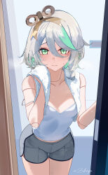  absurdres after_bathing alternate_costume artist_name bare_arms blue_camisole blush camisole cecilia_immergreen closed_mouth collarbone commentary cowboy_shot doll_joints female green_eyes grey_shorts hair_between_eyes highres hololive hololive_english indoors joints midriff_peek multicolored_hair short_hair shorts solo steam strap_slip streaked_hair towel towel_around_neck twitter_username virtual_youtuber white_towel winding_key wiping_face zakimpo 