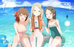  3girls :o absurdres ahoge ball bare_shoulders barefoot beachball bikini blonde_hair blue_flower blush breasts brown_hair buckle closed_eyes collarbone colored_eyelashes commentary_request double_v earrings fake_phone_screenshot fake_screenshot flower frilled_bikini frilled_one-piece_swimsuit frills front-tie_bikini_top front-tie_top gakuen_idolmaster green_one-piece_swimsuit hair_flower hair_ornament hairclip hanami_ume highres idolmaster jewelry kuramoto_china large_breasts lens_flare life_vest looking_at_viewer multiple_girls navel nokino_shida ocean one-piece_swimsuit open_mouth orange_eyes outdoors pink_bikini red_flower shinosawa_hiro side-tie_bikini_bottom sitting small_breasts smile snap-fit_buckle stomach sunflower sunflower_hair_ornament swimsuit teeth upper_teeth_only user_interface v wariza white_bikini yokozuwari 