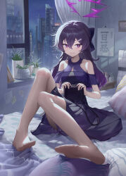  absurdres bare_shoulders bed blue_archive blush breasts closed_mouth dress female hair_between_eyes halo haruka_(blue_archive) haruka_(dress)_(blue_archive) highres indoors jewelry laomotou legs long_hair looking_at_viewer official_alternate_costume on_bed pantyhose pillow plant potted_plant purple_dress purple_eyes purple_hair purple_halo sitting sleeveless sleeveless_dress soles solo toes white_pantyhose window 