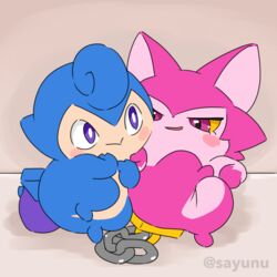  1:1 anthro blue_body blue_fur cocotama duo featureless_crotch fur half-closed_eyes himitsu_no_cocotama multicolored_body multicolored_fur narrowed_eyes nude open_mouth pink_body pink_eyes pink_fur purple_eyes sayunu signature tokumaru_(cocotama) two_tone_body two_tone_fur yurano_(cocotama) 