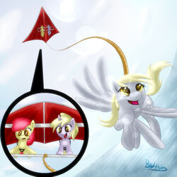  1:1 amber_eyes apple_bloom_(mlp) blonde_hair cutie_mark derpy_hooves dinky_hooves_(mlp) earth_pony equid equine feathered_wings feathers female feral friendship_is_magic fur grey_body grey_fur group hair hang_glider hang_gliding hasbro horn horse long_hair mammal my_little_pony mythological_creature mythological_equine mythology open_mouth pegasus pony rayhiros red_hair rope smile tongue unicorn wings yellow_eyes young young_feral 