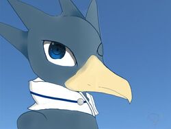  2017 4:3 anatid anseriform anthro avian beak bird bird_man blue_eyes blue_sky day digital_media_(artwork) dzfire generation_1_pokemon golduck happy hi_res looking_at_viewer male nintendo noon one_eye_closed outside pokemon pokemon_(species) simple_background sky smile solo standing wink 