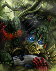  armor arrow_(weapon) arrowed bionicle blood blue_eyes bodily_fluids corpse death digital_media_(artwork) duo_focus fight gali group hi_res horn illustriousv knife lego machine mask not_furry outside plant ranged_weapon red_eyes robot saliva tahu tree umarak weapon 