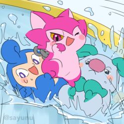  1:1 anthro blue_body blue_fur cocotama featureless_crotch fur green_body green_eyes green_fur group himitsu_no_cocotama mukitetsu_(cocotama) nude open_mouth pink_body pink_eyes pink_fur purple_eyes sayunu signature tokumaru_(cocotama) water wet yurano_(cocotama) 