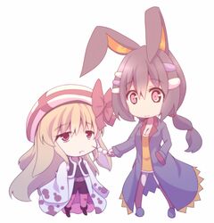  2girls animal_ears brown_hair chibi commentary_request harumiya_ria_(kuromiya) hat kinetsuki_miu_(kuromiya) kuromiya long_hair multiple_girls original rabbit_ears 