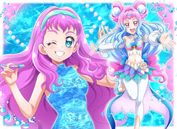  2girls :d blue_dress blue_eyes blue_hair blue_hairband blue_nails blush breasts choker collarbone commentary_request cure_la_mer detached_sleeves dress eyelash_ornament gradient_hair grin hair_intakes hairband hanzou highres holding laura_la_mer layered_skirt long_hair long_sleeves looking_at_viewer medium_breasts midriff miniskirt multicolored_hair multiple_girls nail_polish navel one_eye_closed open_mouth pants pink_hair pink_nails precure skirt sleeveless sleeveless_dress smile standing standing_on_one_leg stomach strapless toenail_polish toenails tropical-rouge!_precure very_long_hair white_pants white_sleeves 