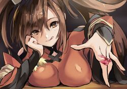  breasts brown_eyes brown_hair commentary covered_nipples female guilty_gear guilty_gear_xrd hand_on_own_cheek hand_on_own_face hand_up jako_(toyprn) kuradoberi_jam large_breasts lips long_hair shiny_clothes simple_background solo tongue tongue_out upper_body wide_sleeves 