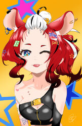  absurdres animal_ears arm_tattoo artist_request black_hair black_tube_top blue_eyes breasts cleavage collarbone colorful female hair_ornament hakos_baelz hakos_baelz_(casual) highres hololive hololive_english long_hair looking_at_viewer medium_breasts mouse_ears mouse_girl multicolored_hair number_hair_ornament one_eye_closed red_hair self-upload shnizbit shoulder_tattoo smile solo star_(symbol) star_hair_ornament star_tattoo strapless streaked_hair tattoo tongue tongue_out tube_top virtual_youtuber white_hair 