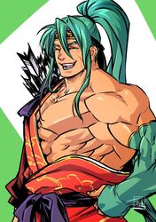  1boy abs arrow_(projectile) bare_pectorals elbow_gloves fate/grand_order fate_(series) fingerless_gloves gloves green_hair hadanugi_dousa headband japanese_clothes kimono large_pectorals long_hair long_sleeves male_focus muscular muscular_male open_clothes open_kimono open_mouth pectorals ponytail ryuuki_garyuu sidelocks smile solo tawara_touta_(fate) upper_body 