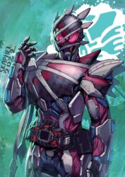  1boy 2022 alternate_form armor artist_name asymmetrical_armor cowboy_shot cropped_legs dark_persona demons_driver english_commentary giant_squid giant_squid_genome kamen_rider kamen_rider_demons kamen_rider_revice looking_at_viewer male_focus open_hand pink_eyes skaphel splatter splatter_print tentacle 